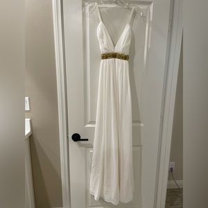 V-neck White Gown with Gold Beading